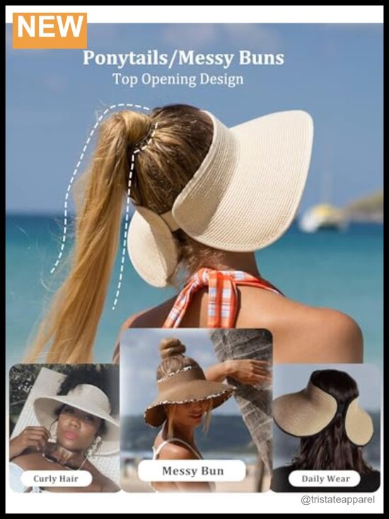 Wide Brim Straw Visor Sun Hat with Ponytail Hole